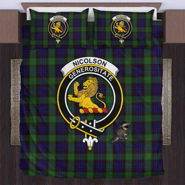 Nicolson Green Hunting Tartan Bedding Set with Family Crest