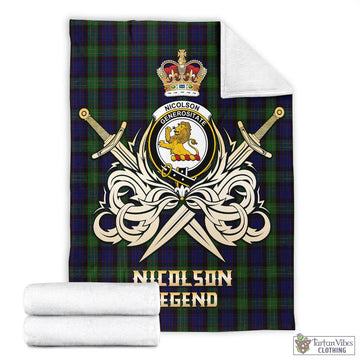 Nicolson Green Hunting Tartan Blanket with Clan Crest and the Golden Sword of Courageous Legacy