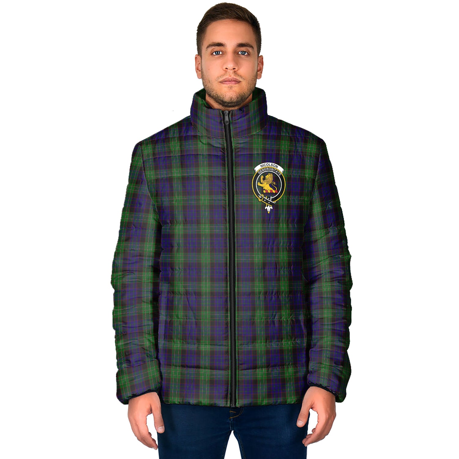 Nicolson Green Hunting Tartan Padded Jacket with Family Crest - Tartanvibesclothing