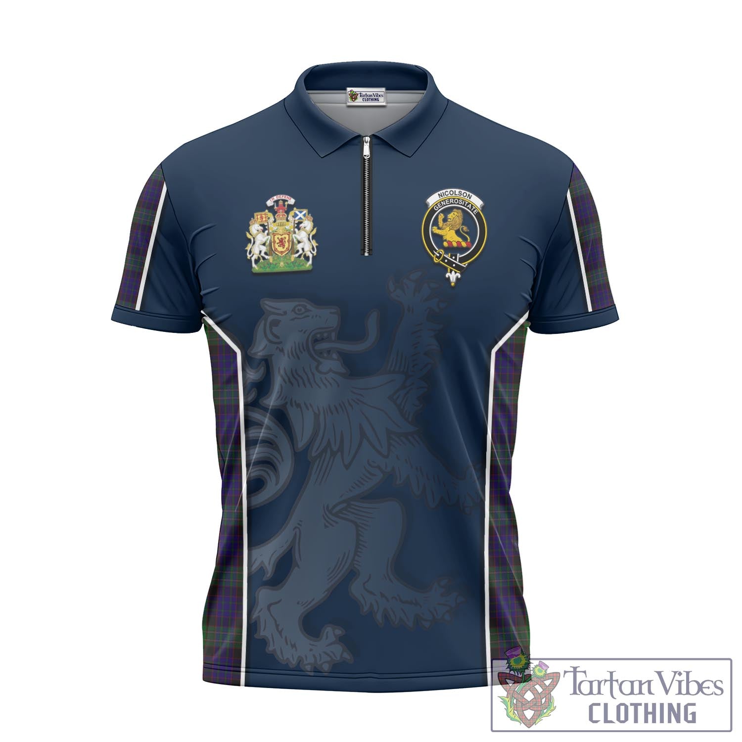Tartan Vibes Clothing Nicolson Green Hunting Tartan Zipper Polo Shirt with Family Crest and Lion Rampant Vibes Sport Style