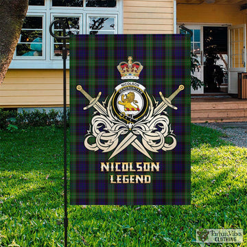 Nicolson Green Hunting Tartan Flag with Clan Crest and the Golden Sword of Courageous Legacy