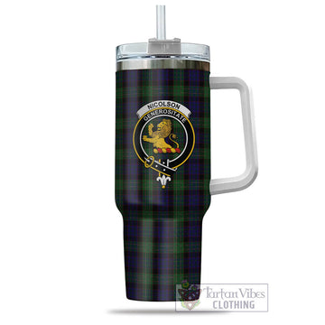 Nicolson Green Hunting Tartan and Family Crest Tumbler with Handle