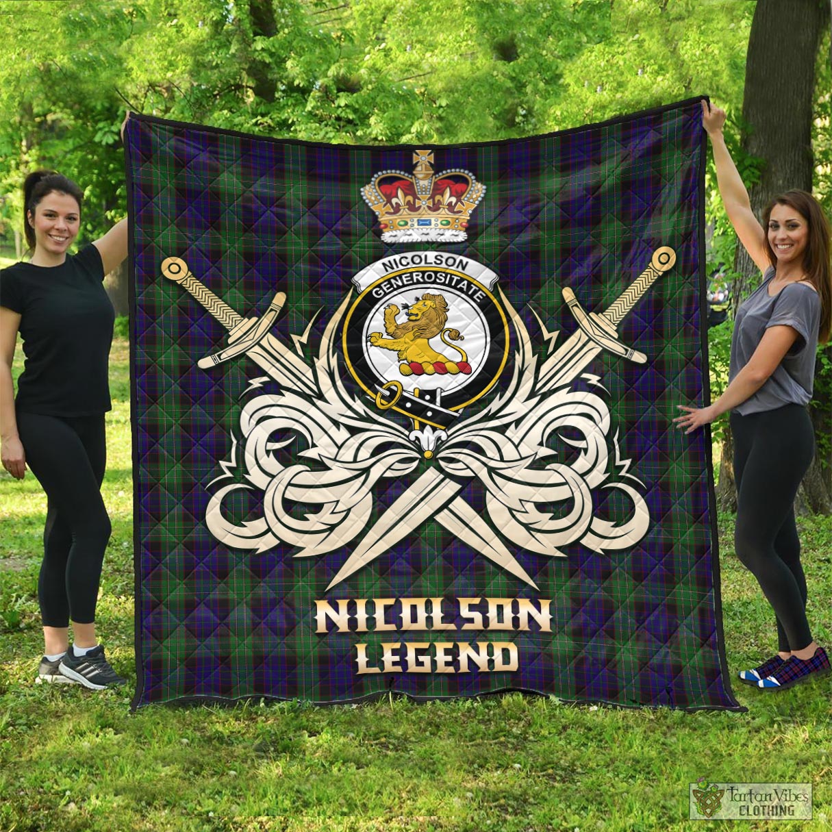 Tartan Vibes Clothing Nicolson Green Hunting Tartan Quilt with Clan Crest and the Golden Sword of Courageous Legacy