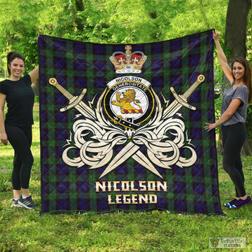 Nicolson Green Hunting Tartan Quilt with Clan Crest and the Golden Sword of Courageous Legacy