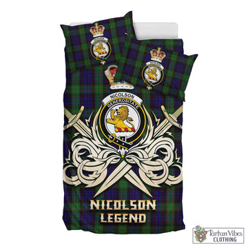 Nicolson Green Hunting Tartan Bedding Set with Clan Crest and the Golden Sword of Courageous Legacy