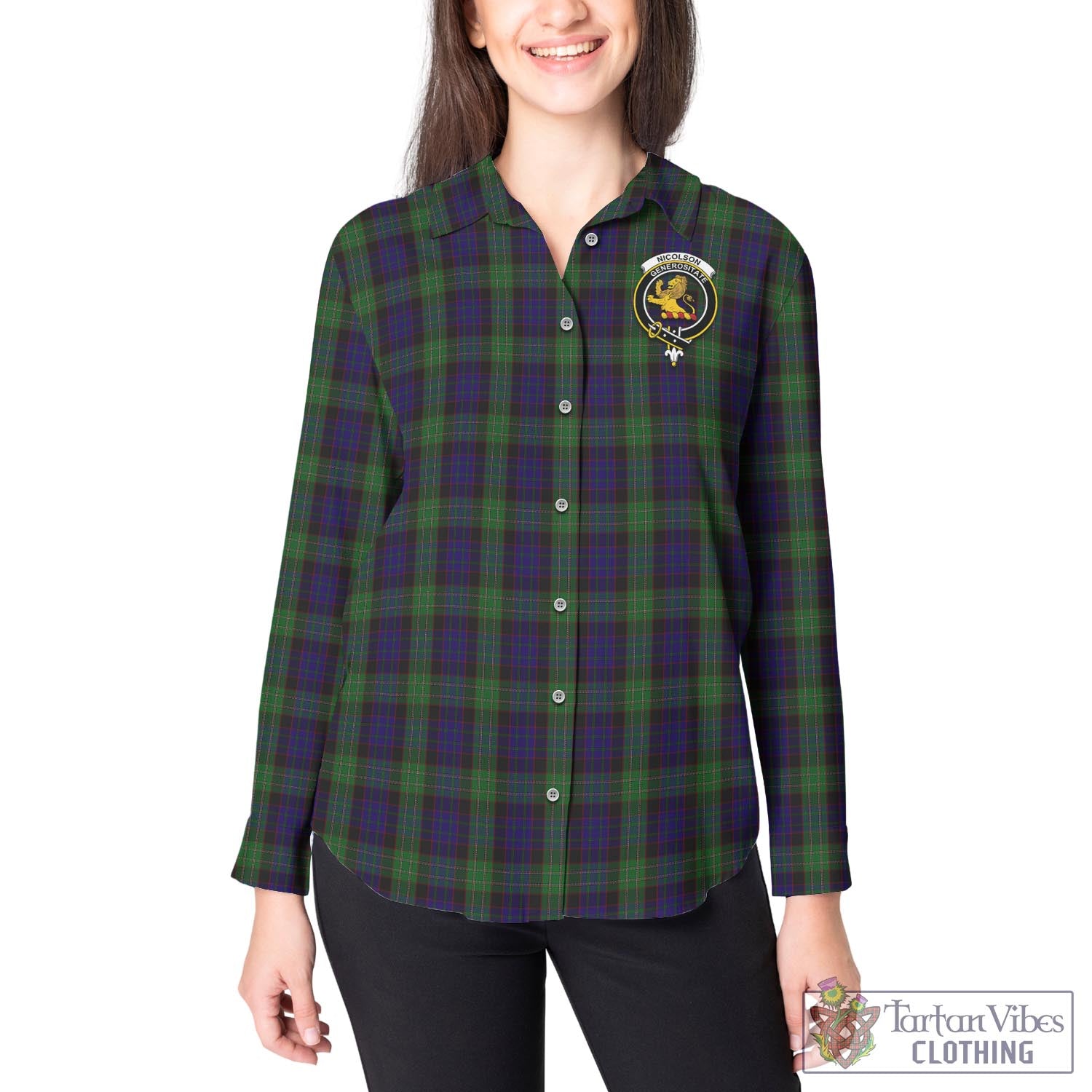 Tartan Vibes Clothing Nicolson Green Hunting Tartan Womens Casual Shirt with Family Crest