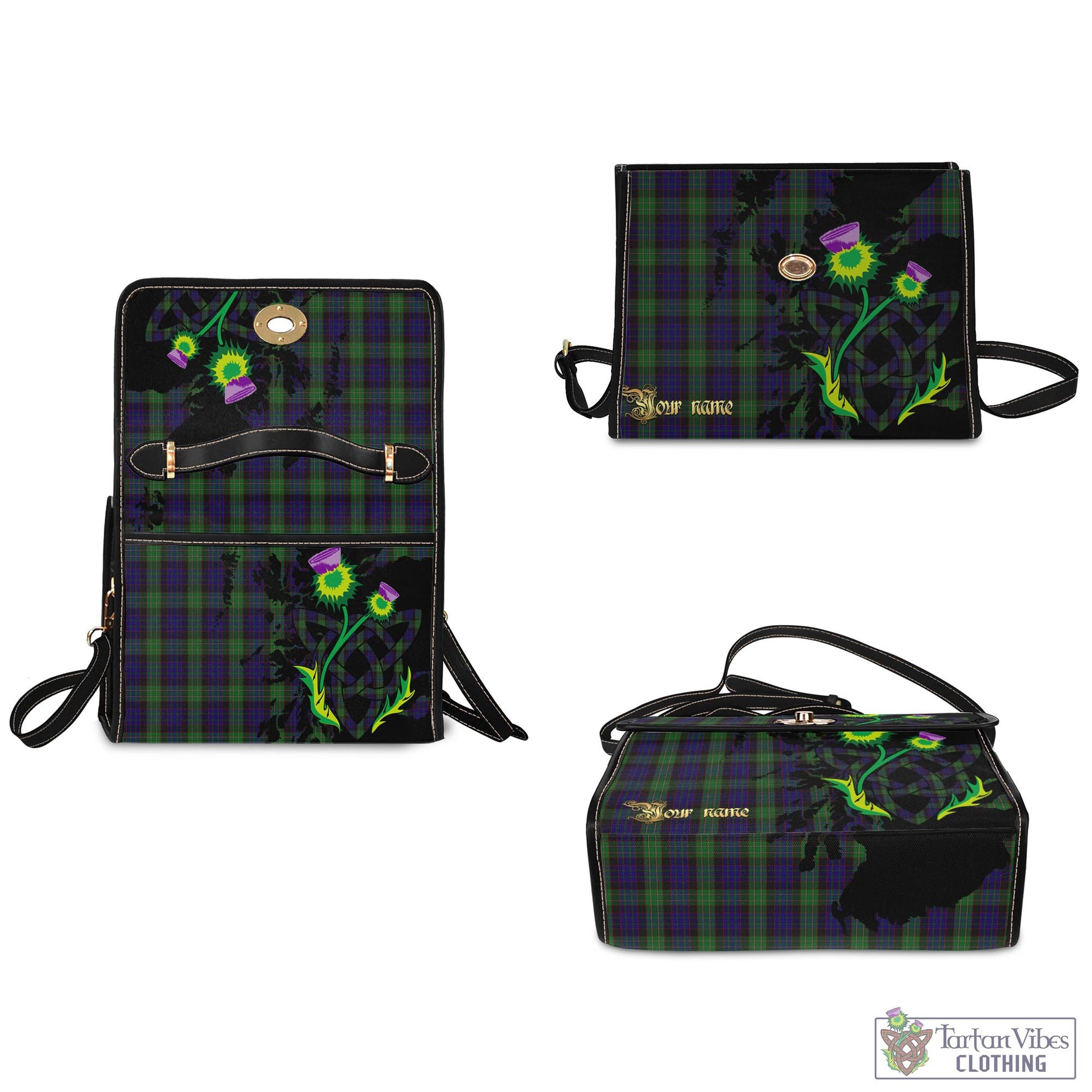 Tartan Vibes Clothing Nicolson Green Hunting Tartan Waterproof Canvas Bag with Scotland Map and Thistle Celtic Accents