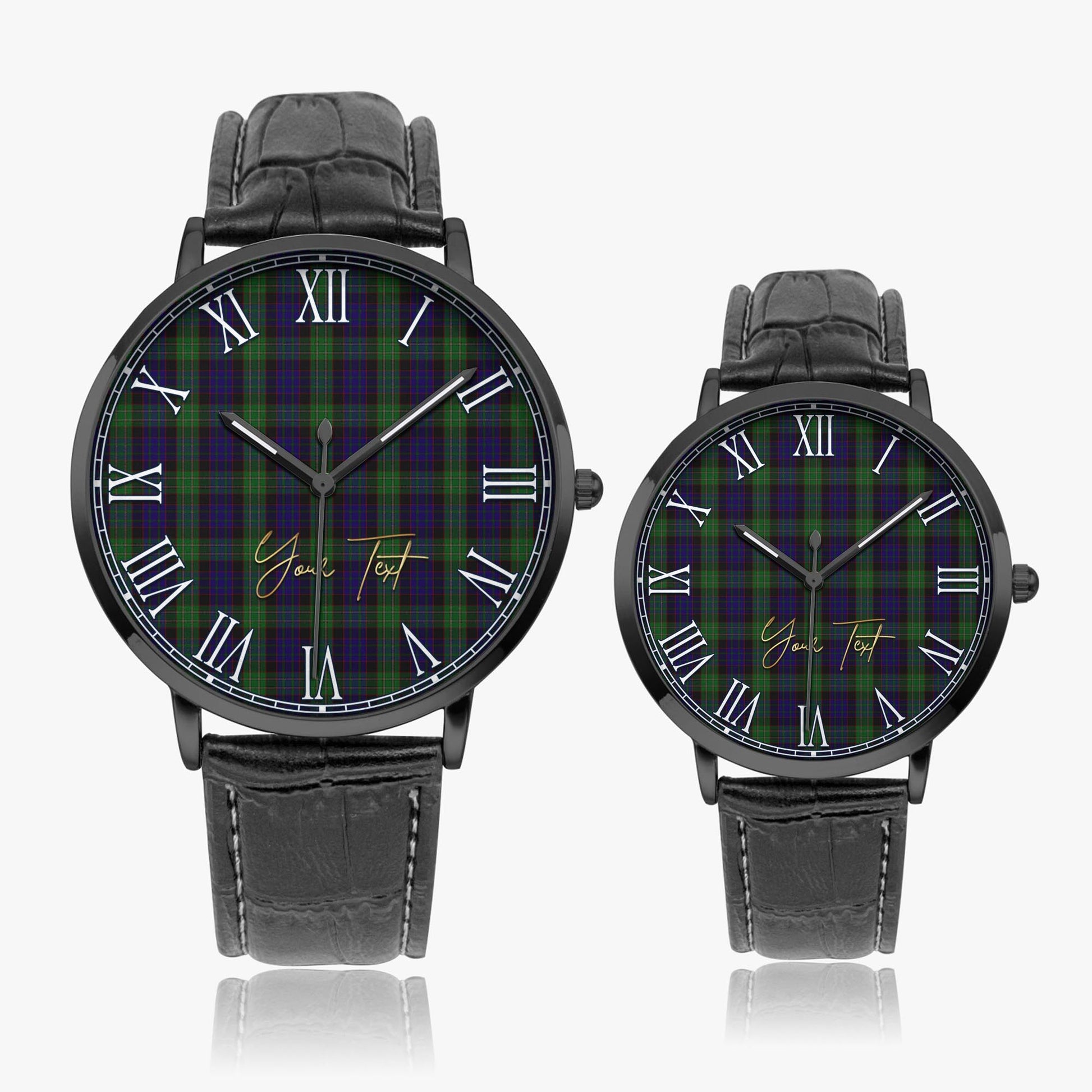 Nicolson Green Hunting Tartan Personalized Your Text Leather Trap Quartz Watch Ultra Thin Black Case With Black Leather Strap - Tartanvibesclothing