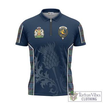 Nicolson Hunting Ancient Tartan Zipper Polo Shirt with Family Crest and Scottish Thistle Vibes Sport Style