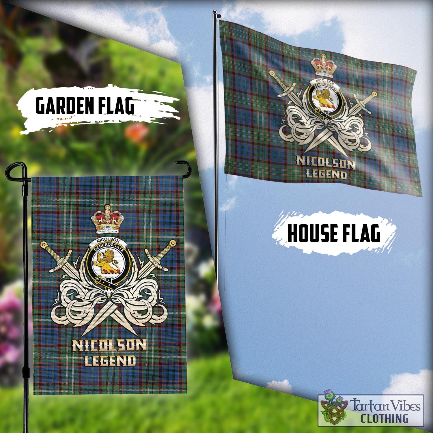 Tartan Vibes Clothing Nicolson Hunting Ancient Tartan Flag with Clan Crest and the Golden Sword of Courageous Legacy