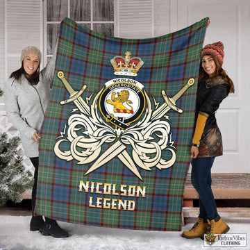 Nicolson Hunting Ancient Tartan Blanket with Clan Crest and the Golden Sword of Courageous Legacy