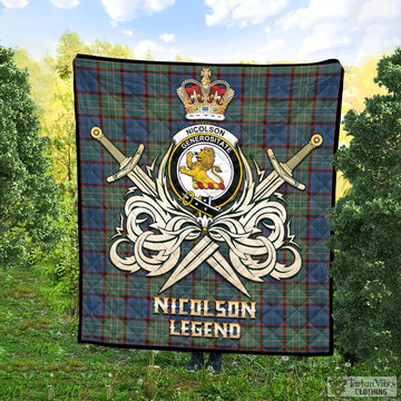 Nicolson Hunting Ancient Tartan Quilt with Clan Crest and the Golden Sword of Courageous Legacy