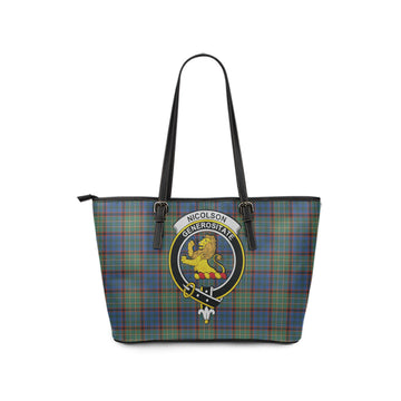 Nicolson Hunting Ancient Tartan Leather Tote Bag with Family Crest