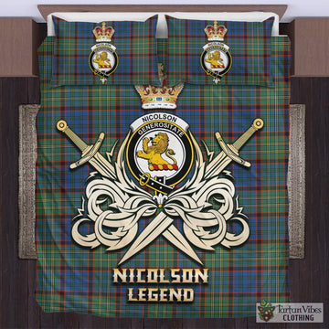 Nicolson Hunting Ancient Tartan Bedding Set with Clan Crest and the Golden Sword of Courageous Legacy