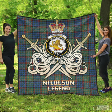 Nicolson Hunting Ancient Tartan Quilt with Clan Crest and the Golden Sword of Courageous Legacy
