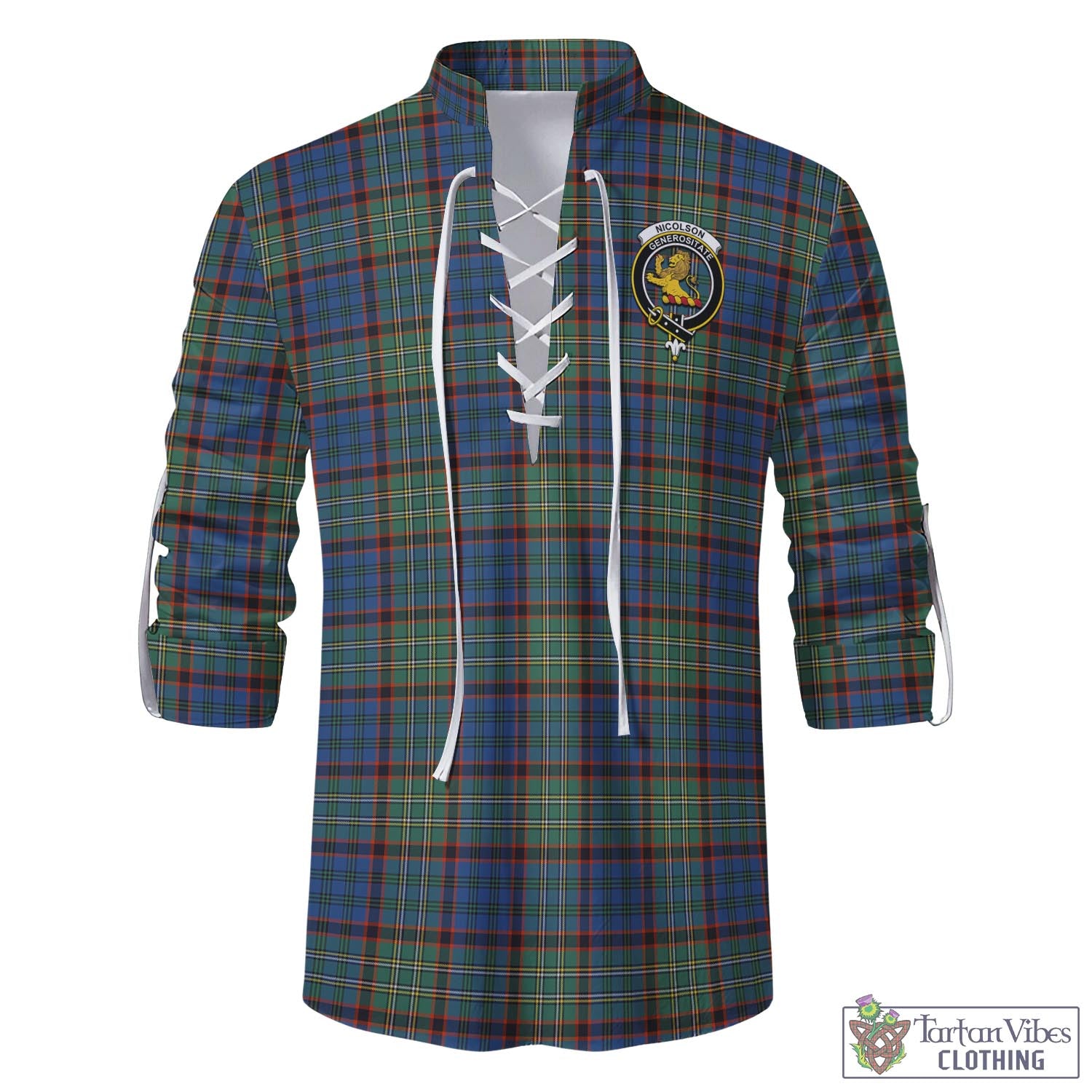 Tartan Vibes Clothing Nicolson Hunting Ancient Tartan Men's Scottish Traditional Jacobite Ghillie Kilt Shirt with Family Crest