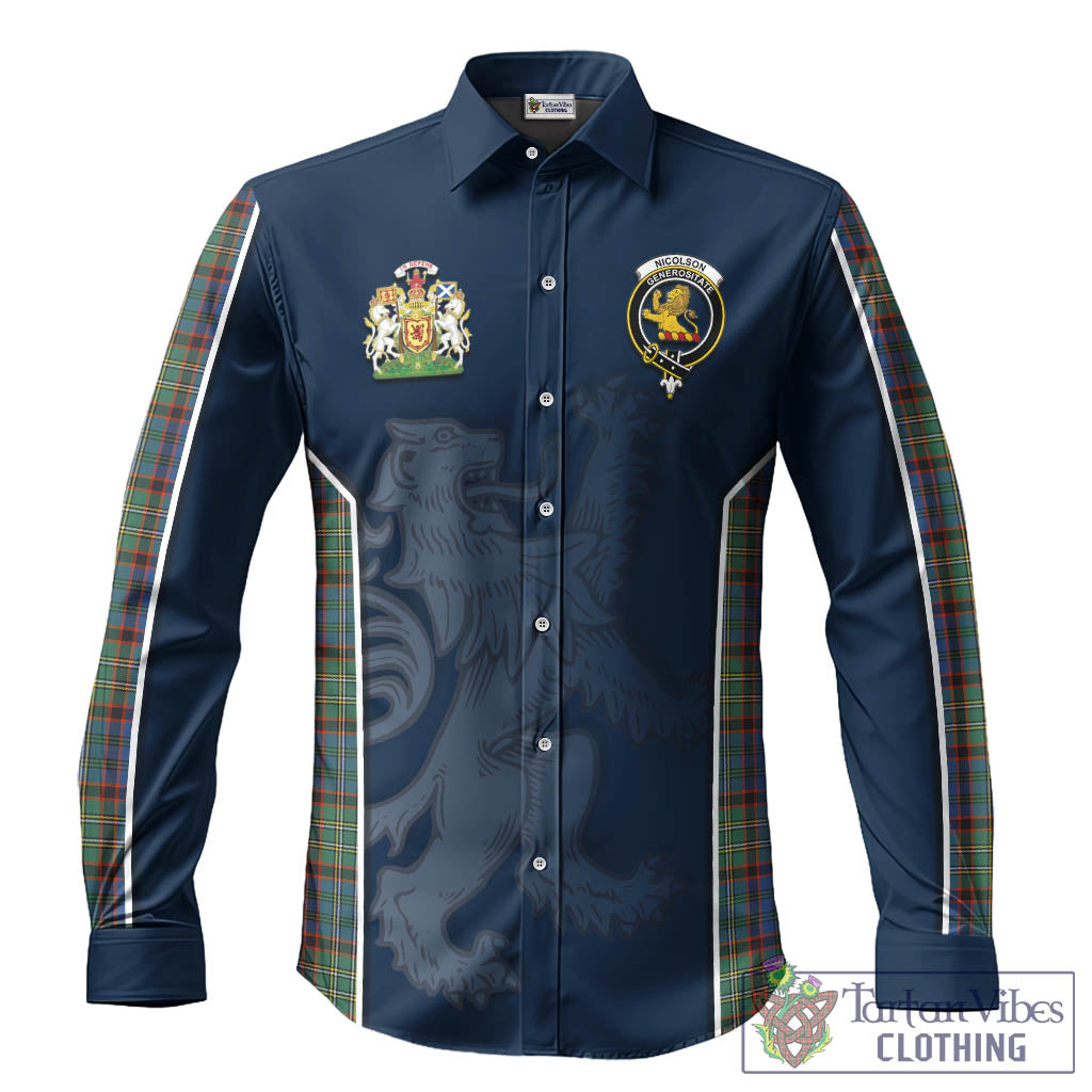 Nicolson Hunting Ancient Tartan Long Sleeve Button Up Shirt with Family Crest and Lion Rampant Vibes Sport Style