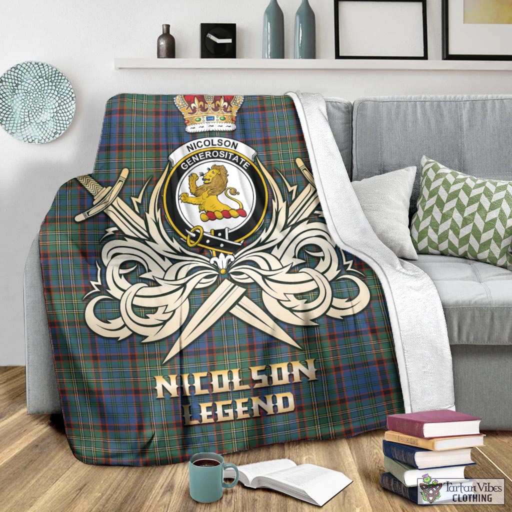 Tartan Vibes Clothing Nicolson Hunting Ancient Tartan Blanket with Clan Crest and the Golden Sword of Courageous Legacy