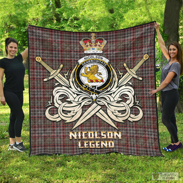 Nicolson Hunting Weathered Tartan Quilt with Clan Crest and the Golden Sword of Courageous Legacy