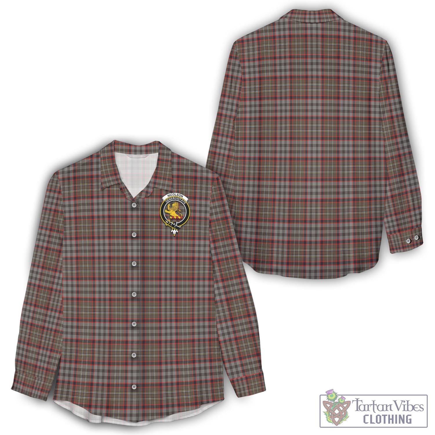 Tartan Vibes Clothing Nicolson Hunting Weathered Tartan Womens Casual Shirt with Family Crest