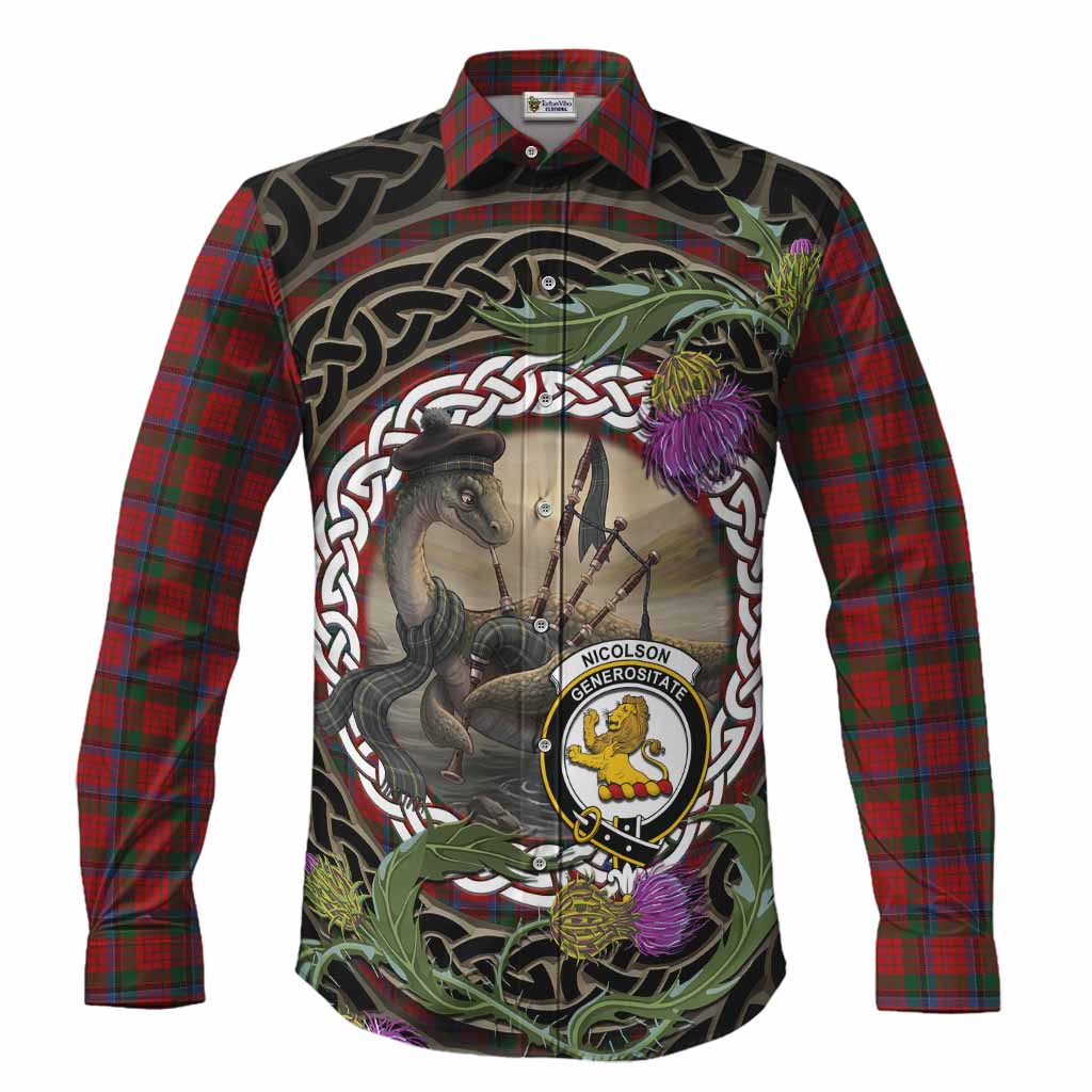 Nicolson Tartan Crest Bagpipe Nessie Long Sleeve Button Shirts Scottish Loch Ness Monster Celtic Thistle