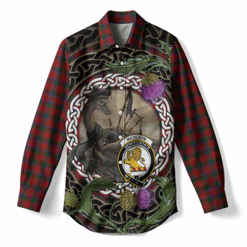 Nicolson Tartan Crest Bagpipe Nessie Women Casual Shirt Scottish Loch Ness Monster Celtic Thistle