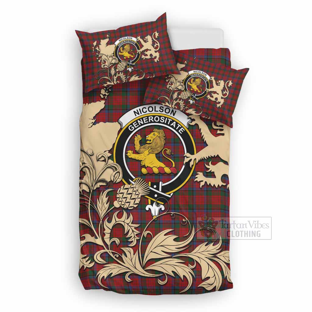 Nicolson Tartan Crest Bedding Set with Scottish Iconic Symbols 