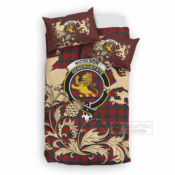 Nicolson Tartan Crest Bedding Set with Scottish Iconic Symbols 