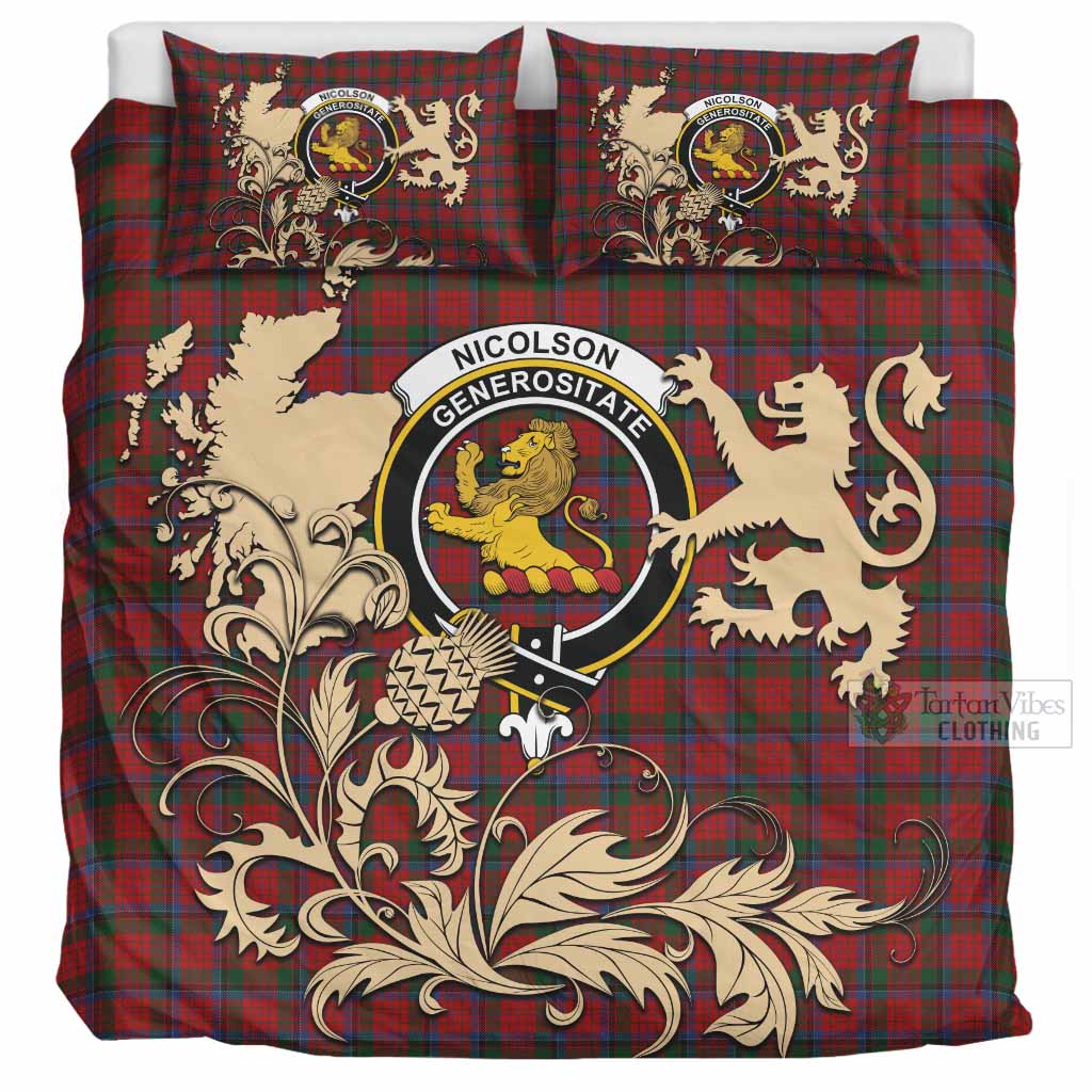 Nicolson Tartan Crest Bedding Set with Scottish Iconic Symbols 