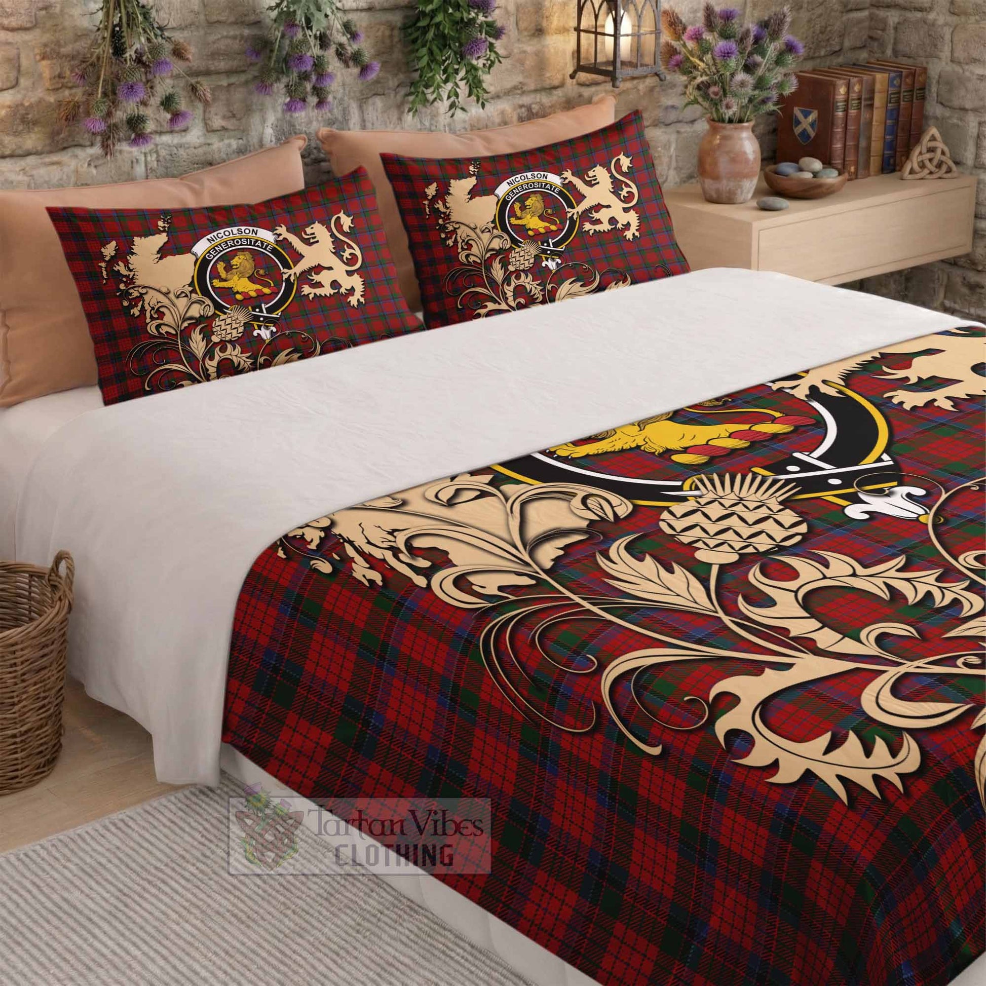 Nicolson Tartan Crest Bedding Set with Scottish Iconic Symbols 