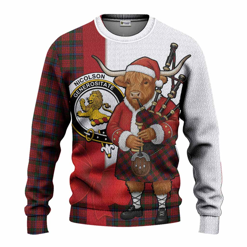Nicolson Tartan Crest Christmas Christmas Ugly Sweater Highland Cow Bagpipes Coquette Bow Style