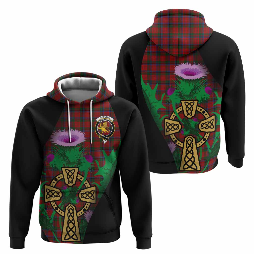 Nicolson Tartan Crest Hoodie Celtic Cross Thistle Flowers