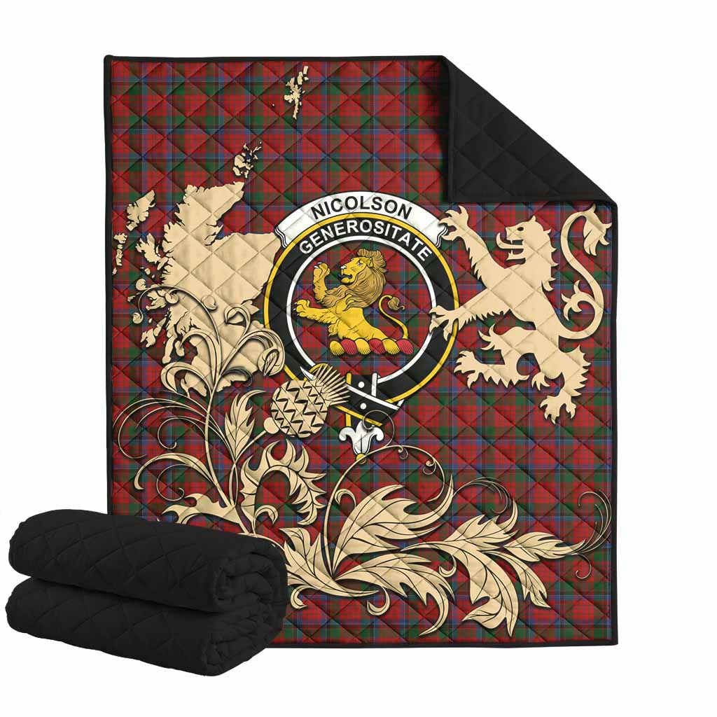 Nicolson Tartan Crest Premium Quilt with Scottish Iconic Symbols 