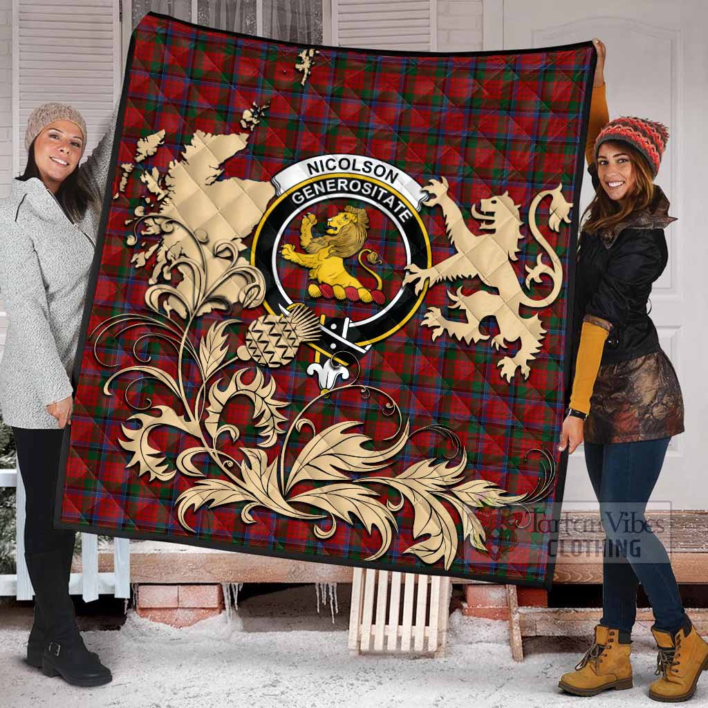 Nicolson Tartan Crest Premium Quilt with Scottish Iconic Symbols 