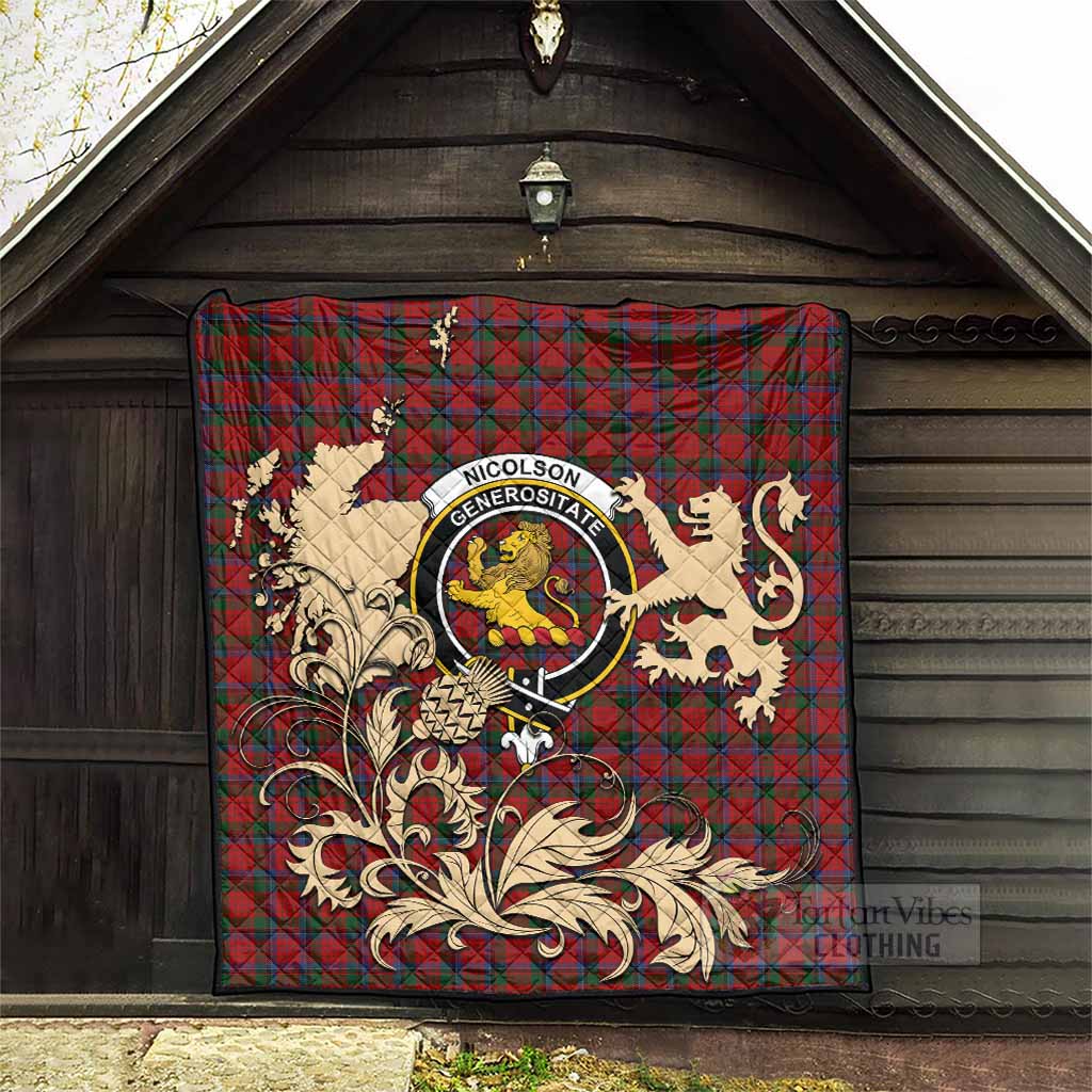 Nicolson Tartan Crest Premium Quilt with Scottish Iconic Symbols 