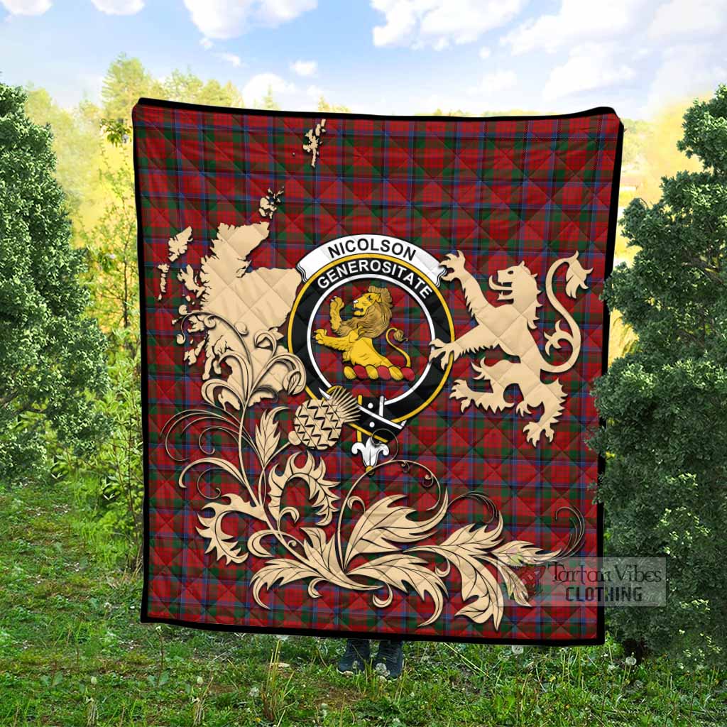 Nicolson Tartan Crest Premium Quilt with Scottish Iconic Symbols 