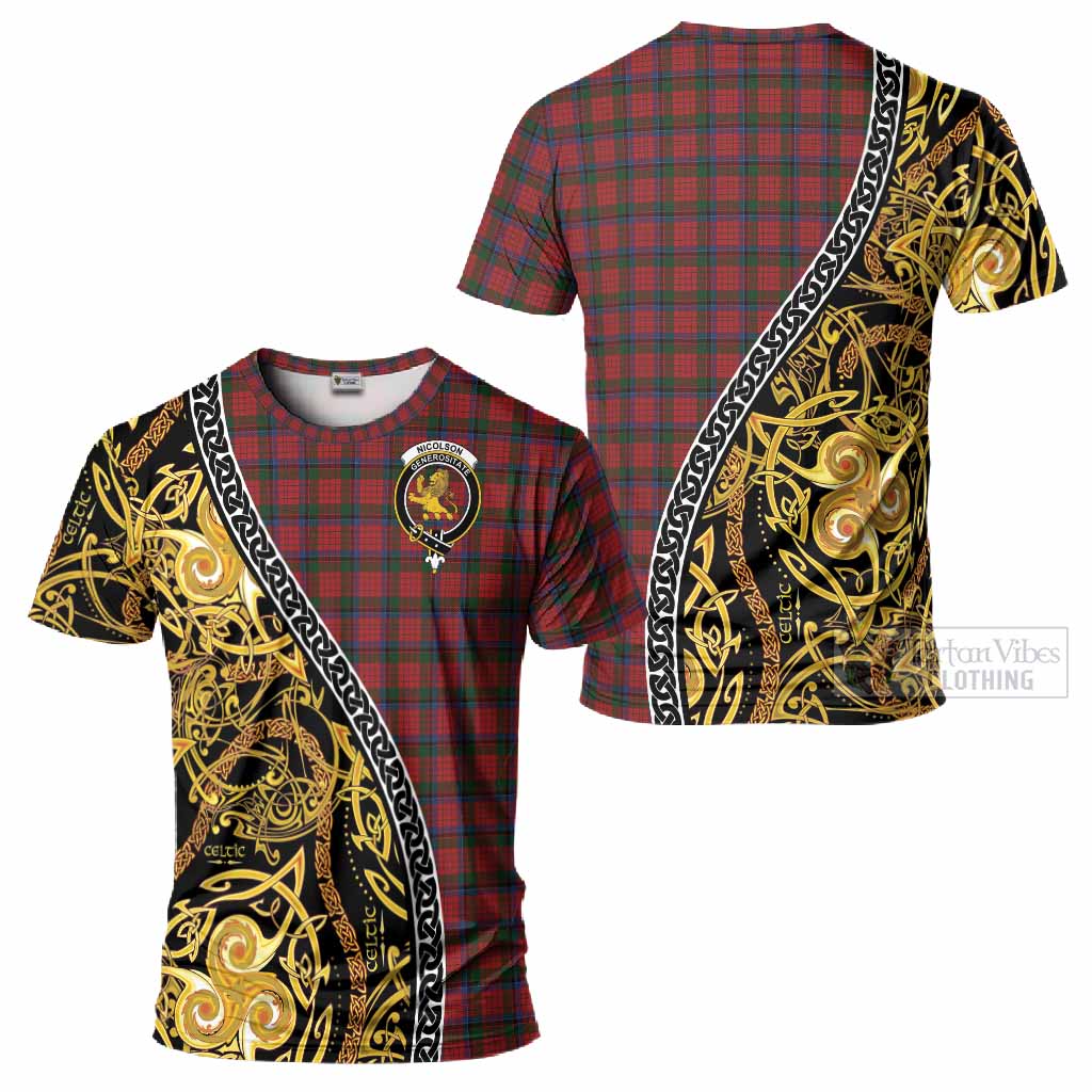 Nicolson Tartan Crest T-Shirt Celtic Knot and Triple Trickle Spiral Symbols