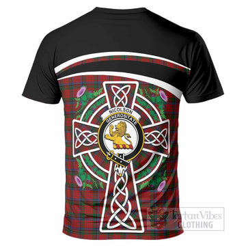 Nicolson Tartan Crest T-Shirt Scottish Thistle Celtic Cross Alba Gu Brath