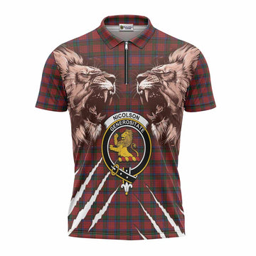 Nicolson Tartan Crest Zipper Polo Shirt Ferocious Lion Style