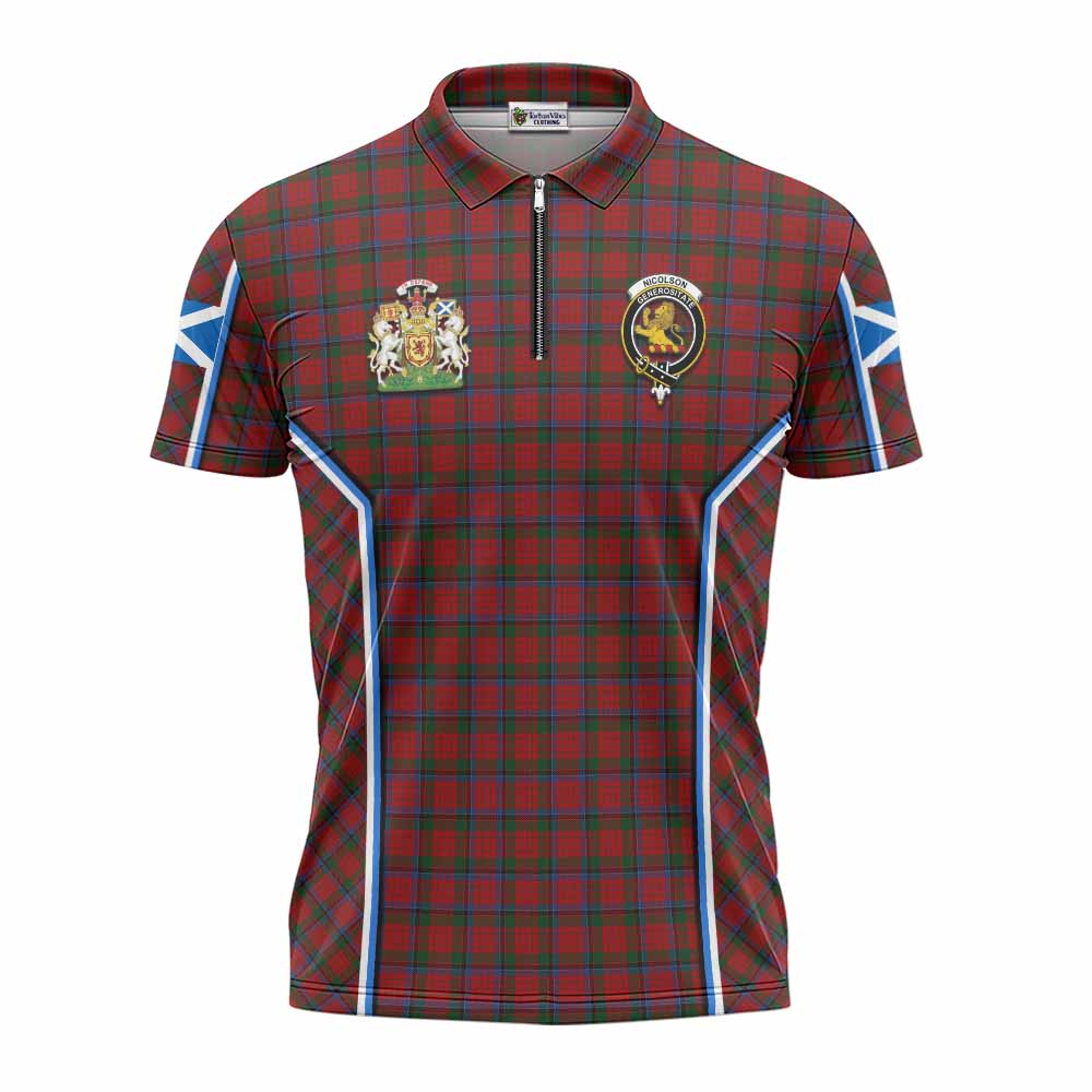 Nicolson Tartan Crest Zipper Polo Shirt Scotland Coat of Arm Flag Style - Tartan Vibes Clothing