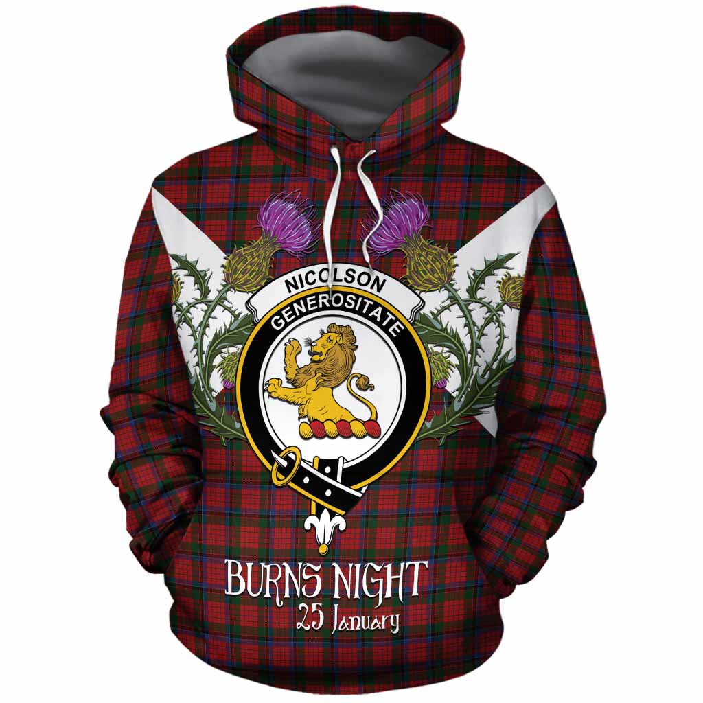 Nicolson Tartan Family Crest Cotton Hoodie Scottish Burns Night Thistle Floral