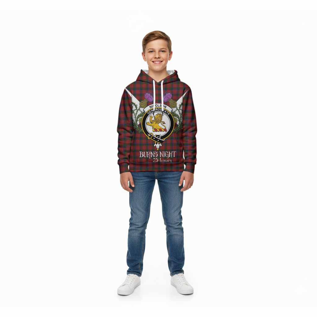 Nicolson Tartan Family Crest Kid Hoodie Scottish Burns Night Thistle Floral