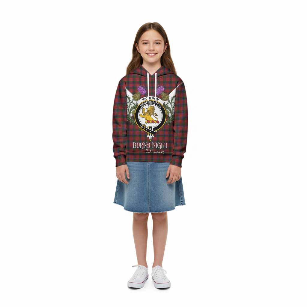 Nicolson Tartan Family Crest Kid Hoodie Scottish Burns Night Thistle Floral
