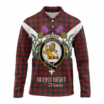 Nicolson Tartan Family Crest Long Sleeve Polo Shirt Scottish Burns Night Thistle Floral