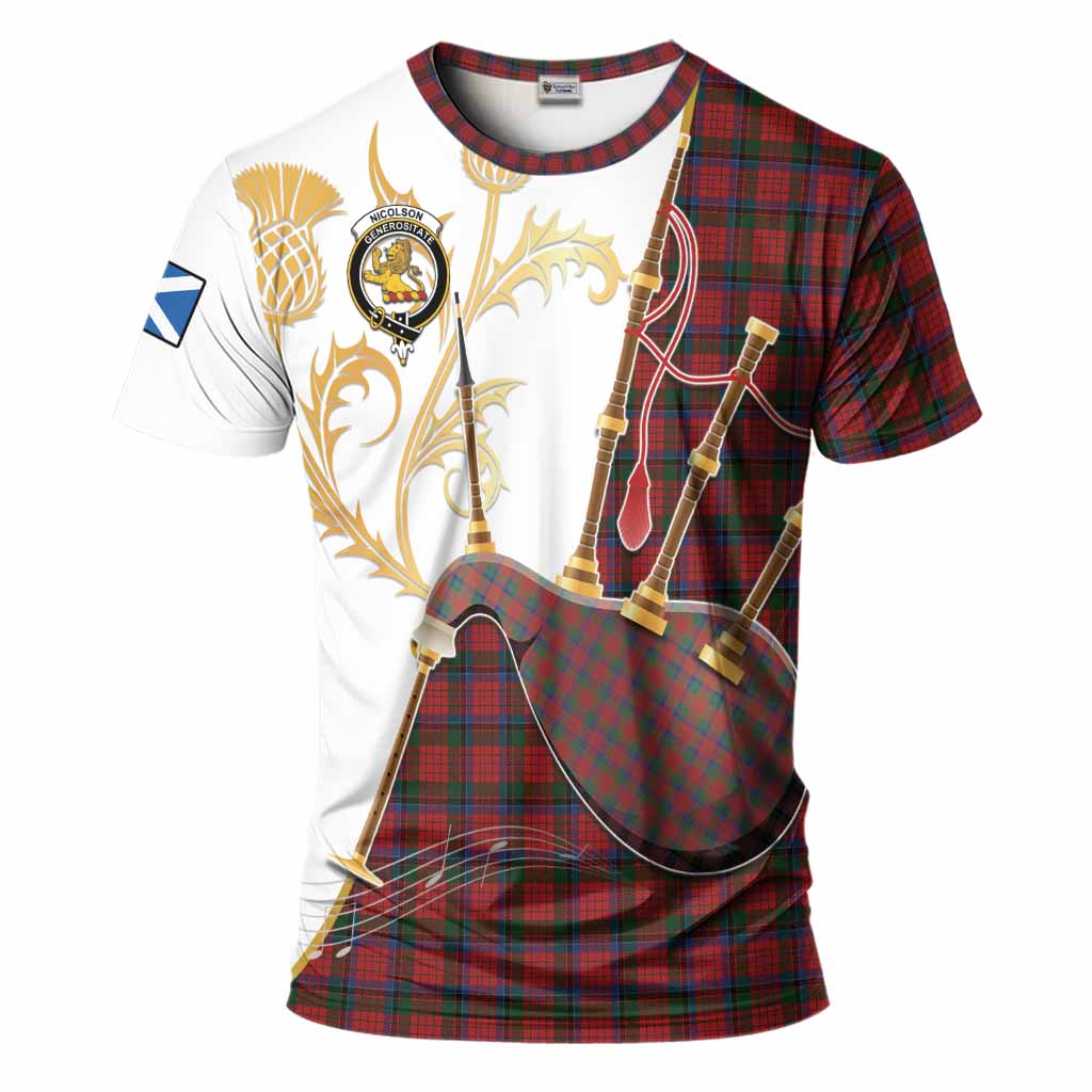 Nicolson Tartan Family Crest T-Shirt Bagpipes with Scottish Thistle