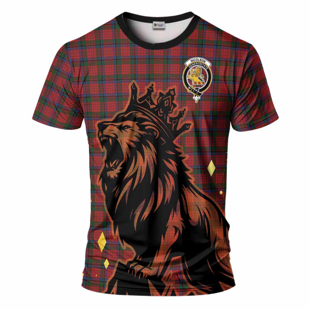 Nicolson Tartan Family Crest T-Shirt Crowned Lion Roaring