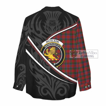 Nicolson Tartan Family Crest Women Casual Shirt Celtic Scottish Thistle Floral - Tartan Vibes Clothing