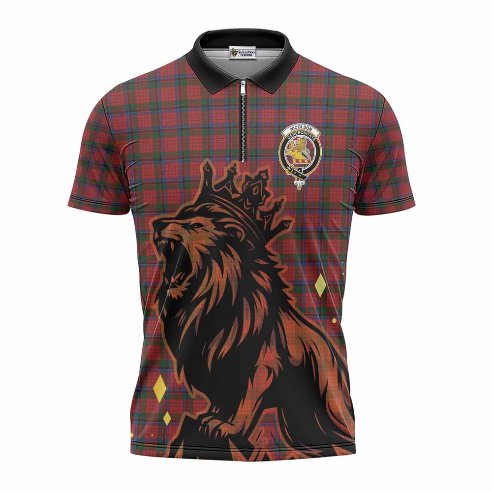 Nicolson Tartan Family Crest Zipper Polo Shirt Crowned Lion Roaring
