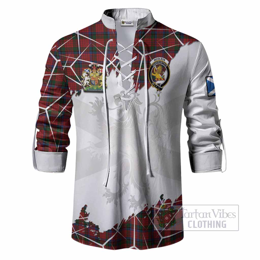 Nicolson Tartan Ghillie Shirt with Family Crest and Lion Rampant Grunge Style