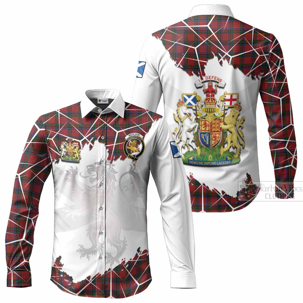 Nicolson Tartan Long Sleeve Button Shirts with Family Crest and Lion Rampant Grunge Style